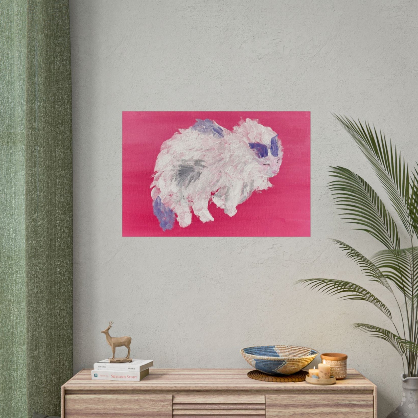 "Curly Q" Fluffy Sleeping White Cat Rolled Poster – Acrylic Painting Pet Art on Pink Background