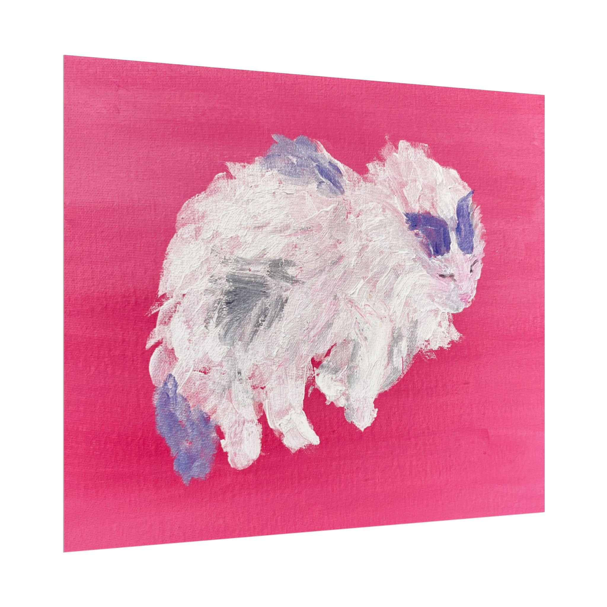"Curly Q" Fluffy Sleeping White Cat Rolled Poster – Acrylic Painting Pet Art on Pink Background