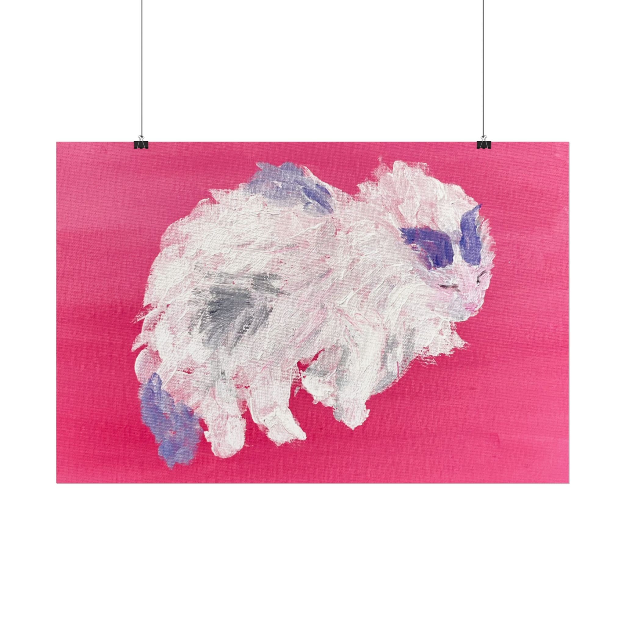 "Curly Q" Fluffy Sleeping White Cat Rolled Poster – Acrylic Painting Pet Art on Pink Background