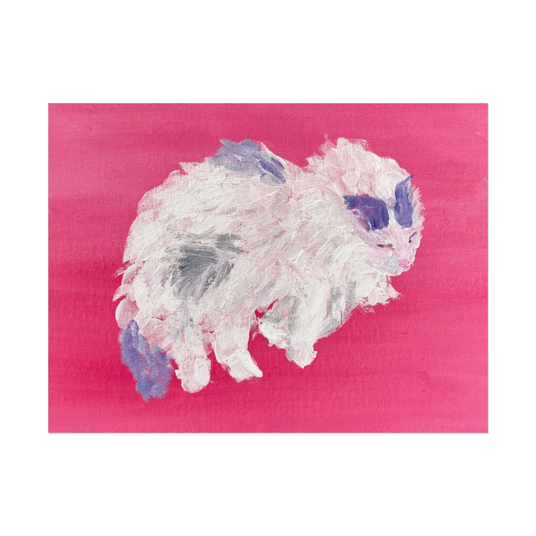 "Curly Q" Fluffy Sleeping White Cat Rolled Poster – Acrylic Painting Pet Art on Pink Background