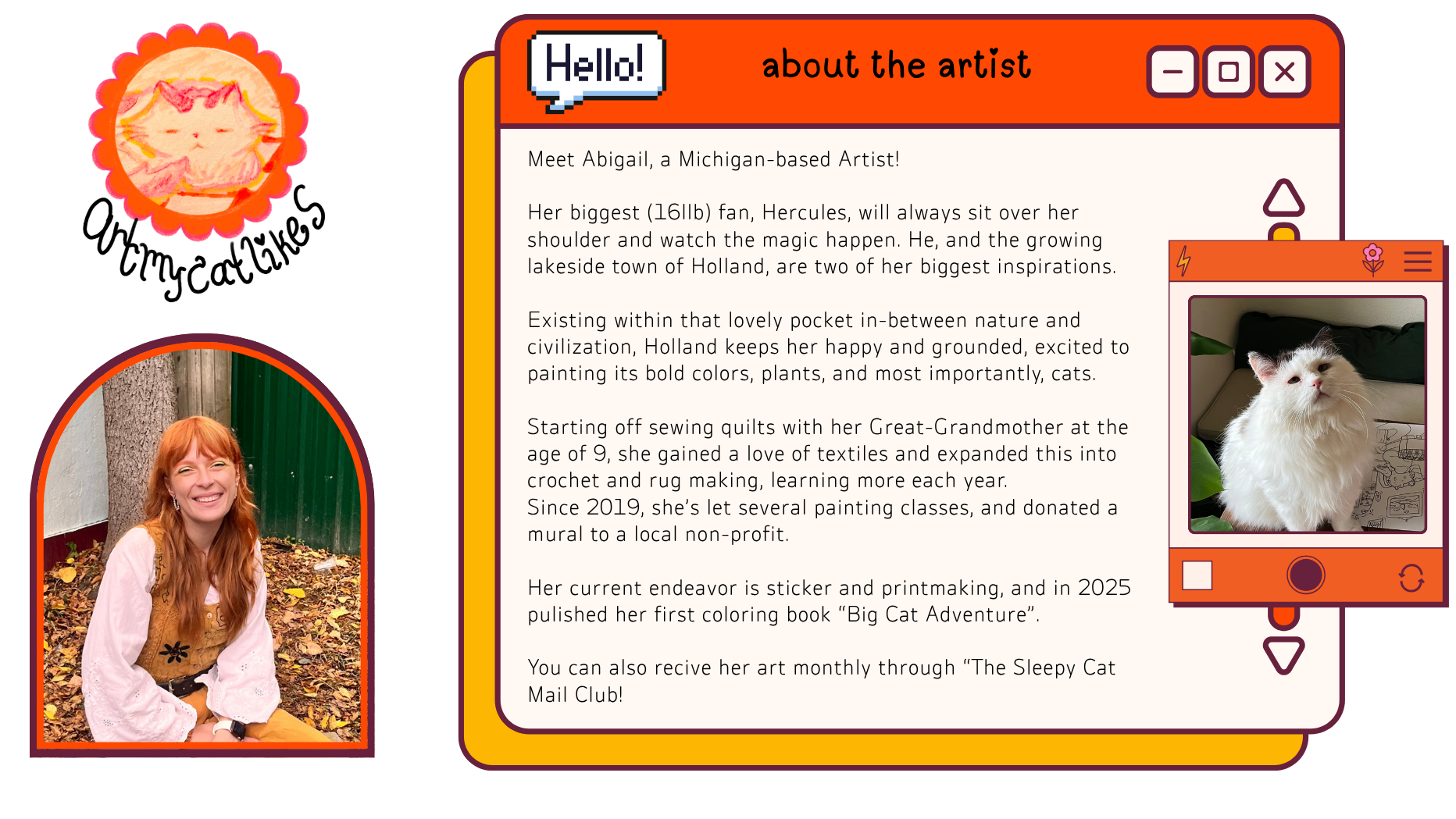 A digital graphic layout for a craft or art product, featuring a yellow and orange card with text titled 'about the artist' and a portrait of a woman labeled 'Abigail' with the phrase 'Oh my catscapes.' A small orange cat-shaped sticker is shown on the right side of the card.